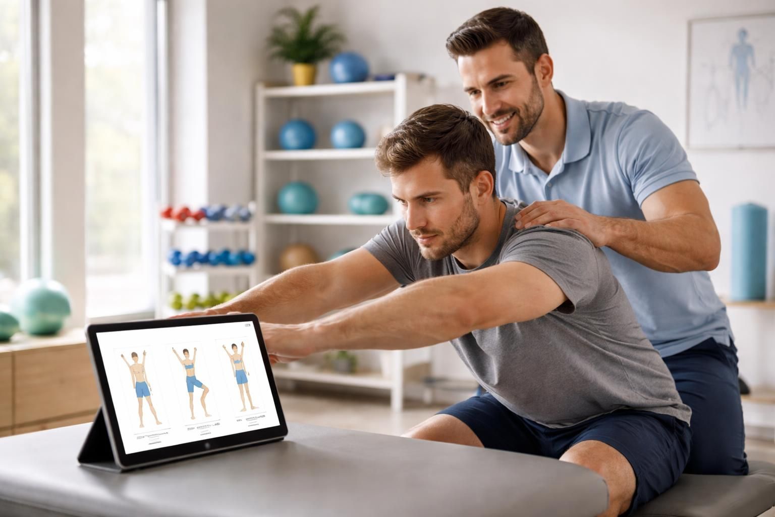 suivi de kinésithérapie personnalisé avec des exercices de rééducation interactifs sur tablette tactile pour une récupération optimale et adaptée.