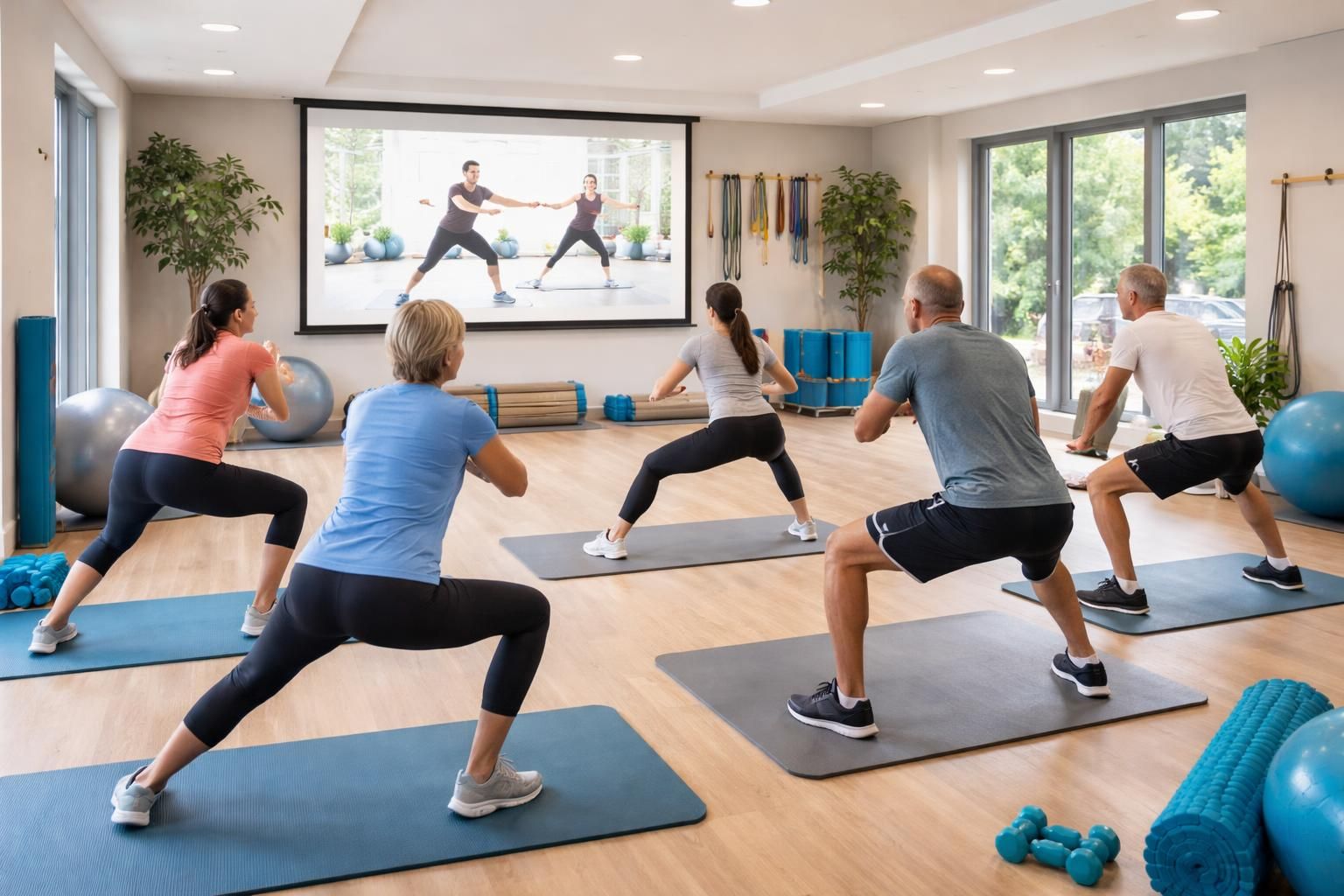 découvrez notre écran de projection spécialement conçu pour les exercices de rééducation en kinésithérapie de groupe, pour des séances efficaces et interactives.