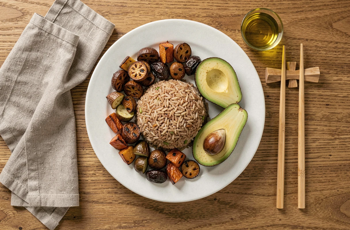 Assiette de riz complet avec légumes rôtis et avocat, présentation nutritive et équilibrée vue du dessus