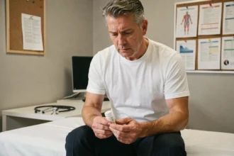 Homme d'une cinquantaine d'années tenant un flacon d'analyse d'urine dans un cabinet médical, regard préoccupé lors d'une consultation