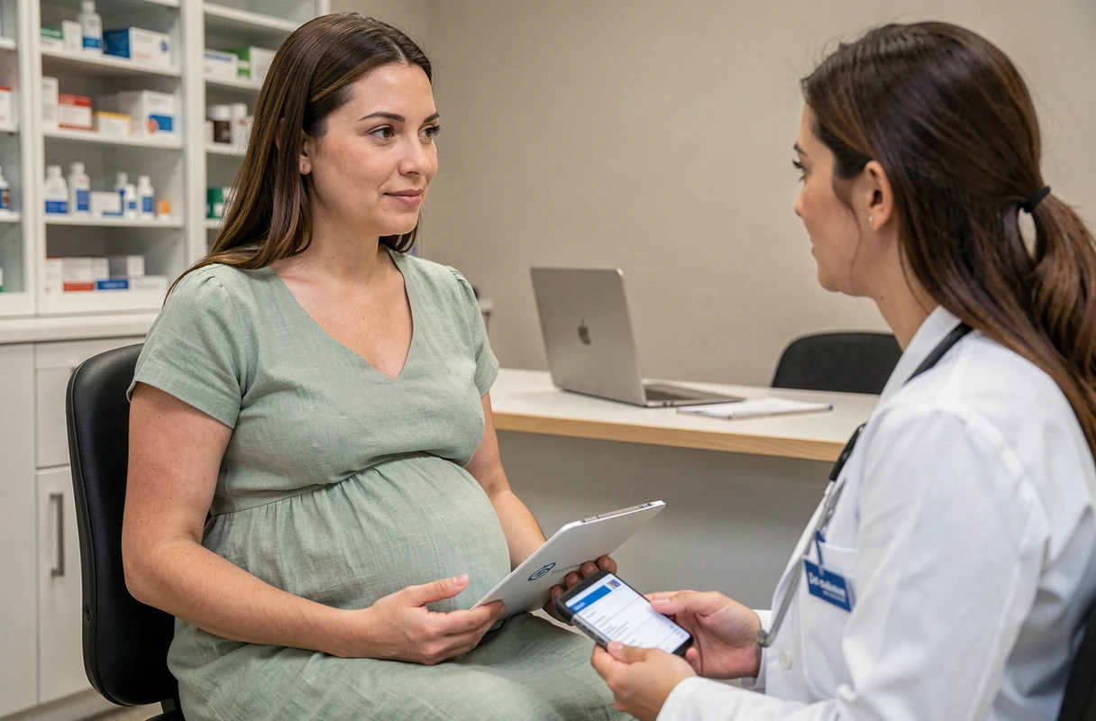 Femme enceinte en consultation médicale avant un voyage, discutant des précautions à prendre avec son médecin