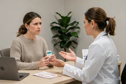Femme consultant une médecin au sujet de son traitement hormonal contraceptif Circles en cabinet médical