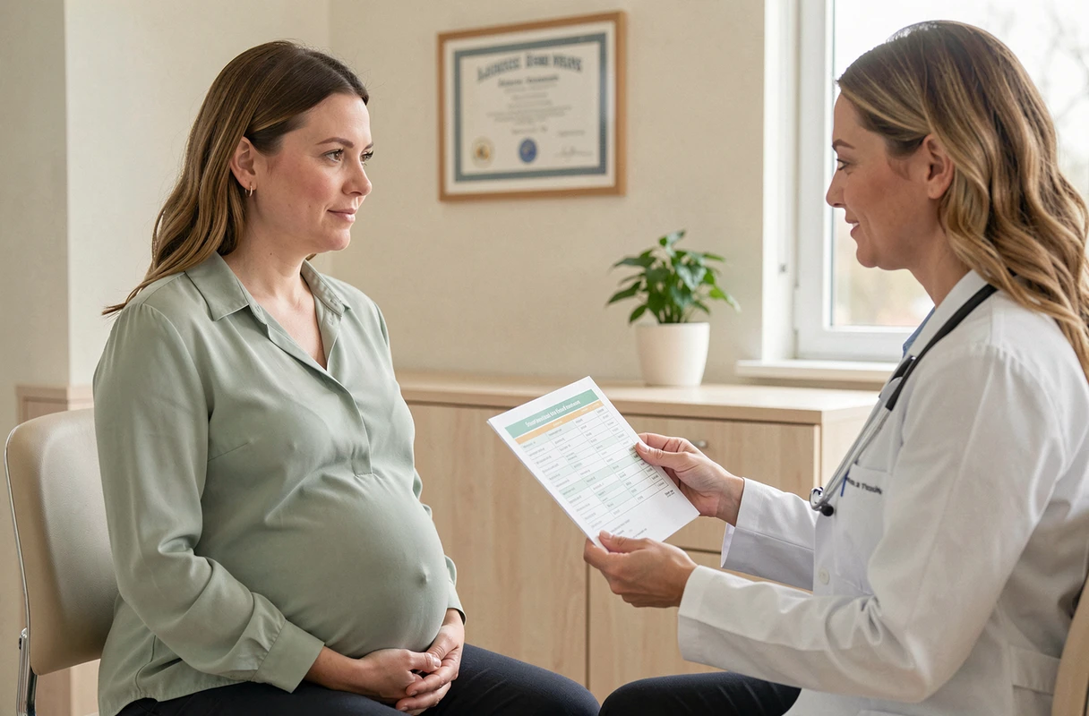 Femme enceinte consultant sa sage-femme sur le calendrier vaccinal recommandé pendant la grossesse