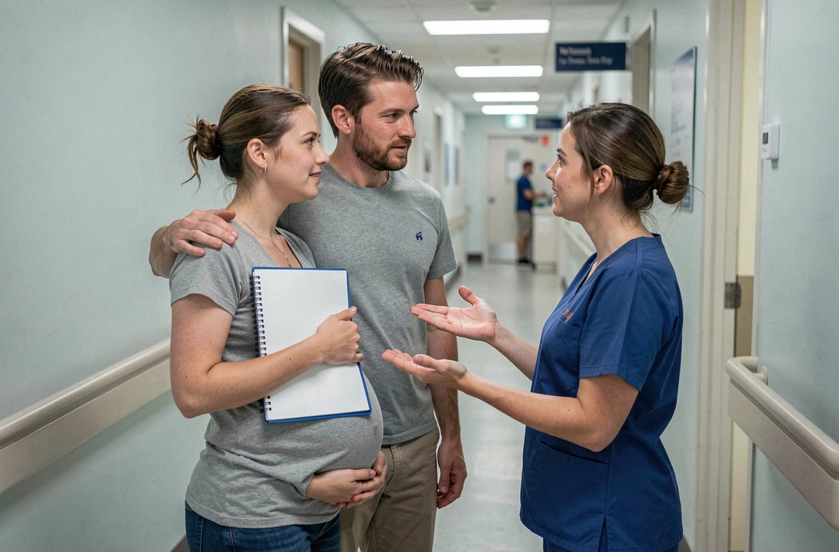 Couple de futurs parents écoutant une sage-femme lors d'une consultation prénatale en clinique