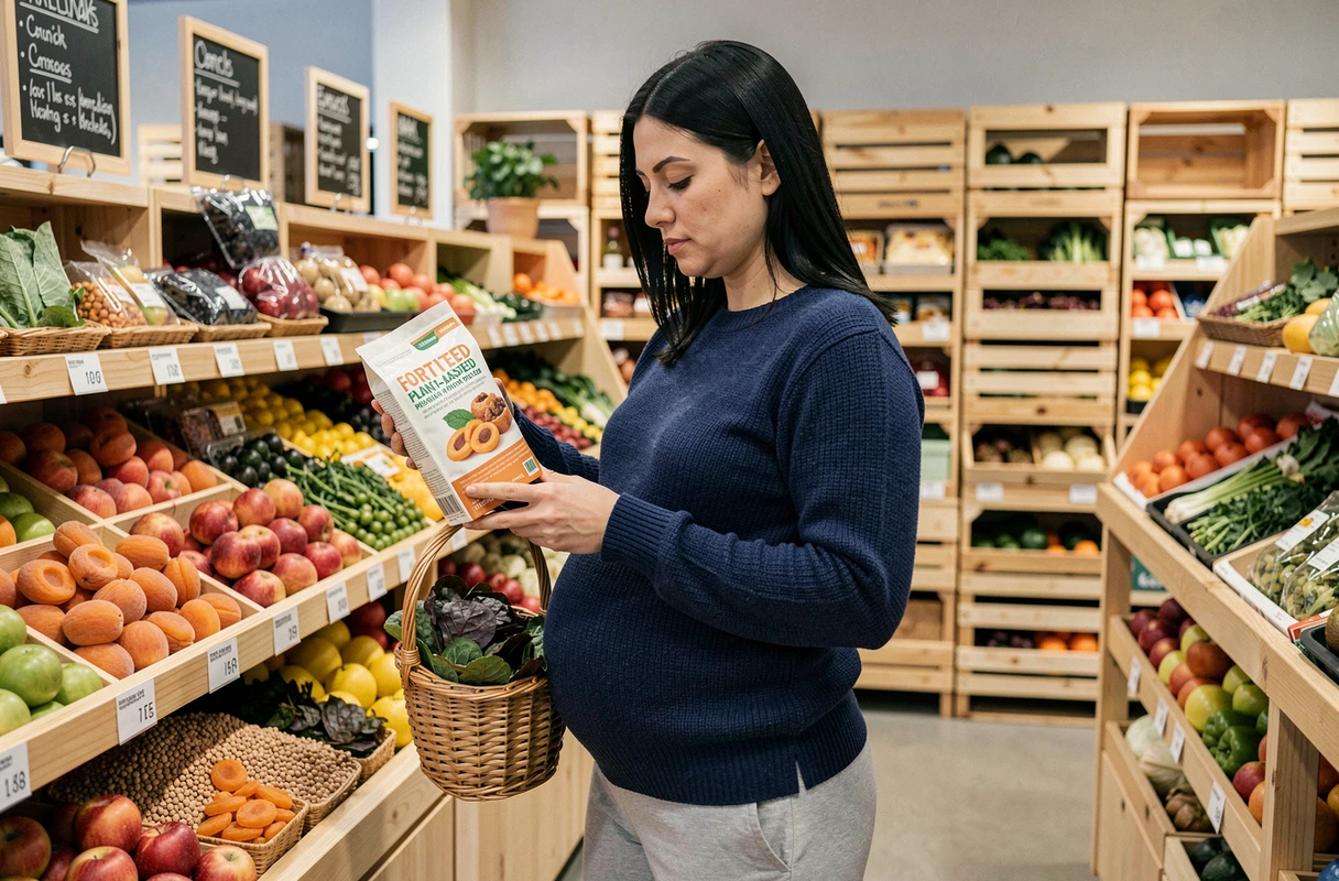 Femme enceinte choisissant des aliments végétariens riches en protéines et en fer dans une épicerie bio