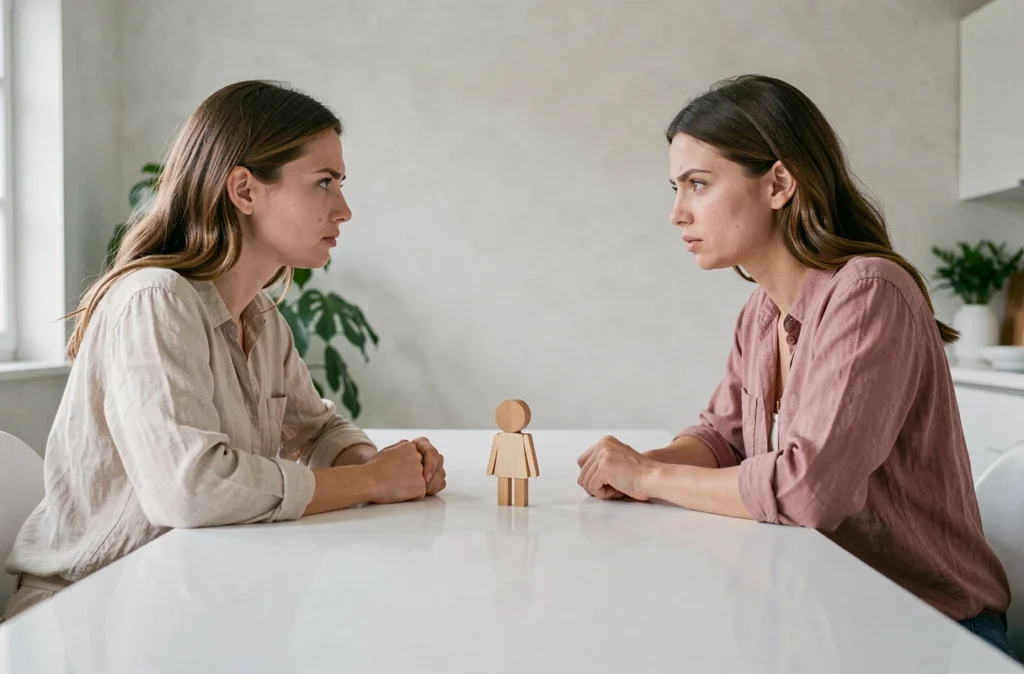 Deux femmes discutant du Bonhomme Allumette Danger et de son impact sur les liens d'âme autour d'une table