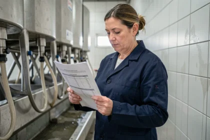 Éleveuse laitière consultant un rapport d'analyses laitières imprimé dans une salle de traite moderne