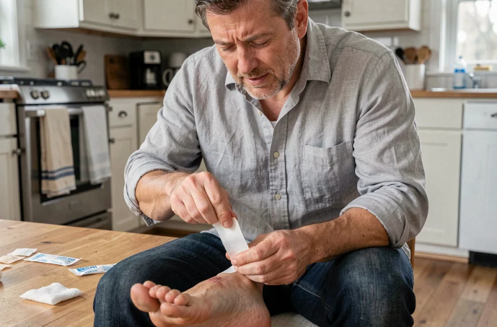 Homme appliquant incorrectement un pansement adhésif sur un orteil avec ongle arraché à la maison