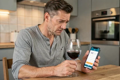 Homme utilisant un simulateur d'alcoolémie sur smartphone avec un verre de vin rouge sur la table, illustrant les erreurs courantes de calcul du taux d'alcool