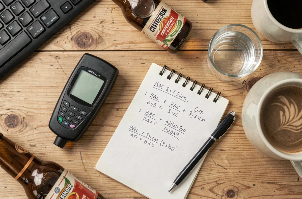 Vue aérienne d'un bureau avec éthylotest, canette de bière et notes de calcul d'alcoolémie, illustrant les erreurs fréquentes dans l'utilisation des simulateurs d'alcool