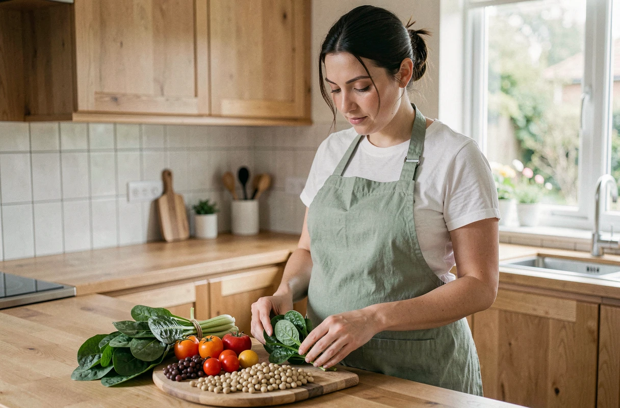 Femme enceinte préparant des légumes frais et des légumineuses dans une cuisine végétarienne moderne
