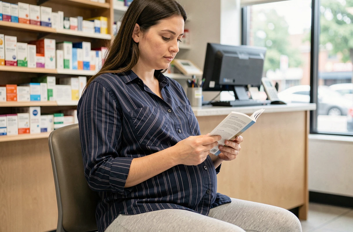 Femme enceinte consultant son carnet de santé sur les vaccins recommandés dans une pharmacie