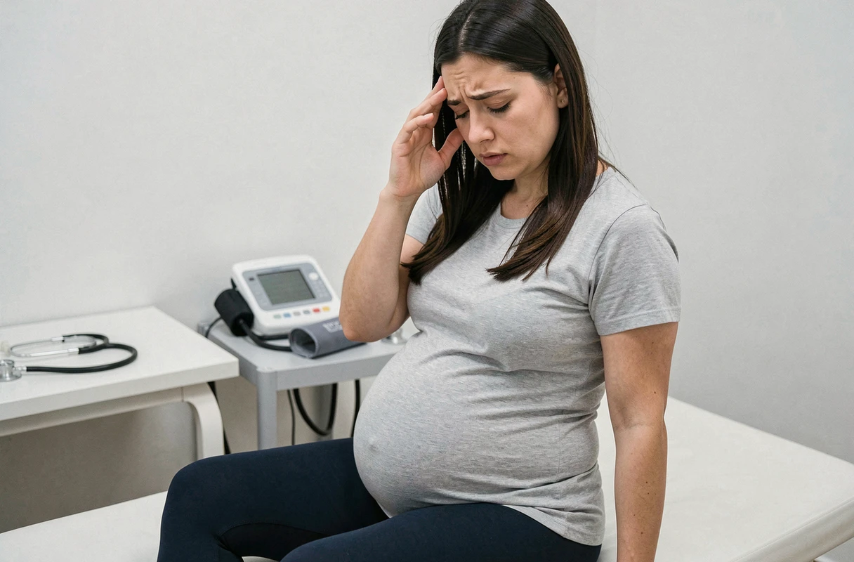 Femme enceinte ressentant des maux de tête lors d'une consultation médicale, signe possible de prééclampsie