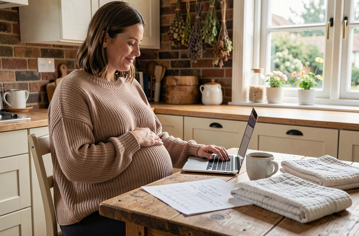 Femme enceinte au deuxième trimestre qui planifie l'arrivée de bébé à la maison avec une checklist imprimée et son ordinateur portable sur une table en bois