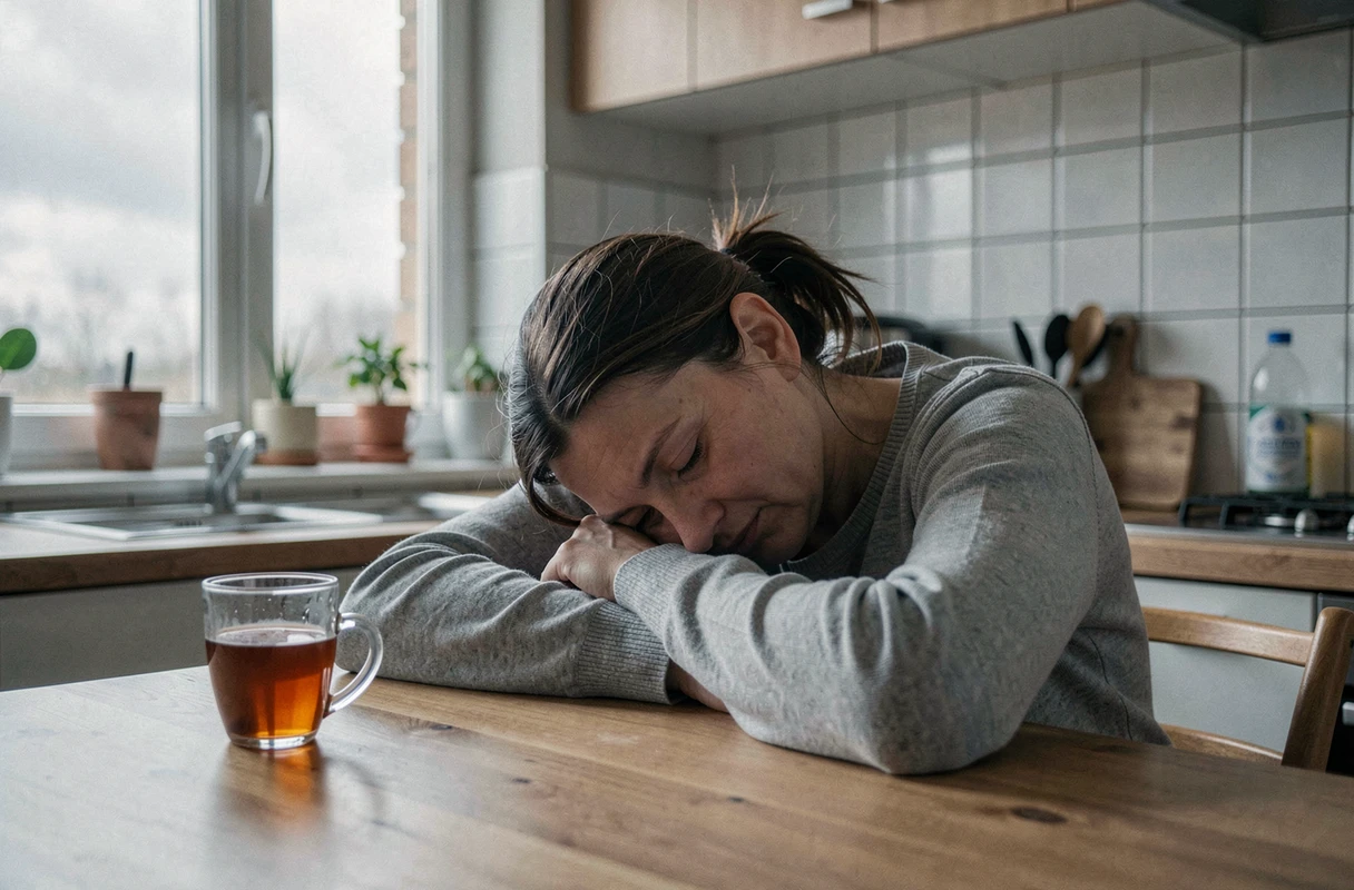 Femme fatiguée posant la tête sur ses bras à une table de cuisine, illustrant la fatigue chronique