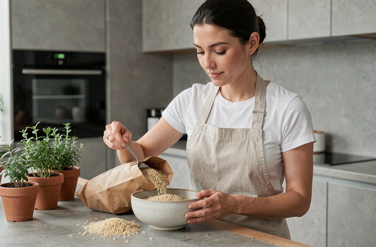 Femme préparant du riz complet dans une cuisine moderne et épurée, illustrant une alimentation saine et équilibrée