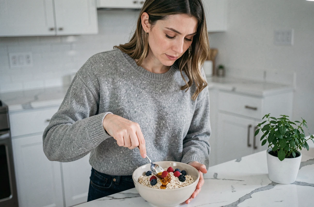Femme préparant un bol de flocons d'avoine avec du son d'avoine dans une cuisine moderne, pour illustrer les bienfaits sur la digestion et le transit