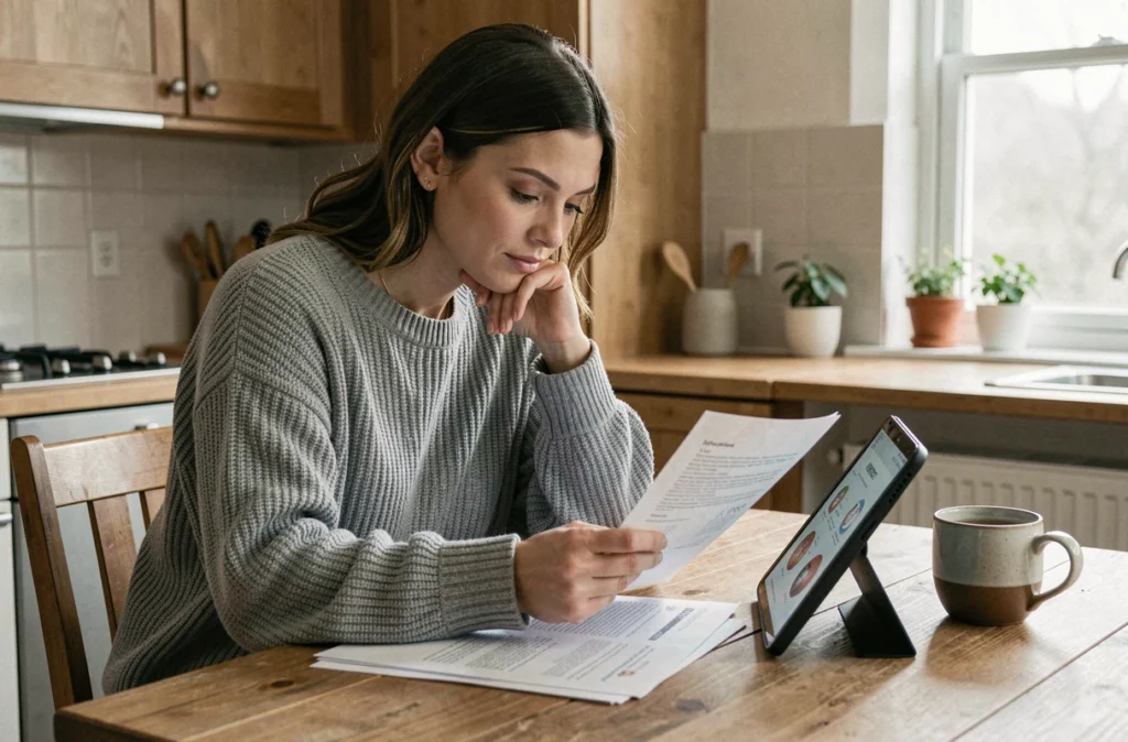 Femme à la maison lisant des documents médicaux sur la sécurité hormonale et les effets du patch contraceptif