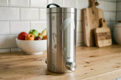 Filtre à eau Berkey en acier inoxydable posé sur un plan de travail en chêne dans une cuisine moderne