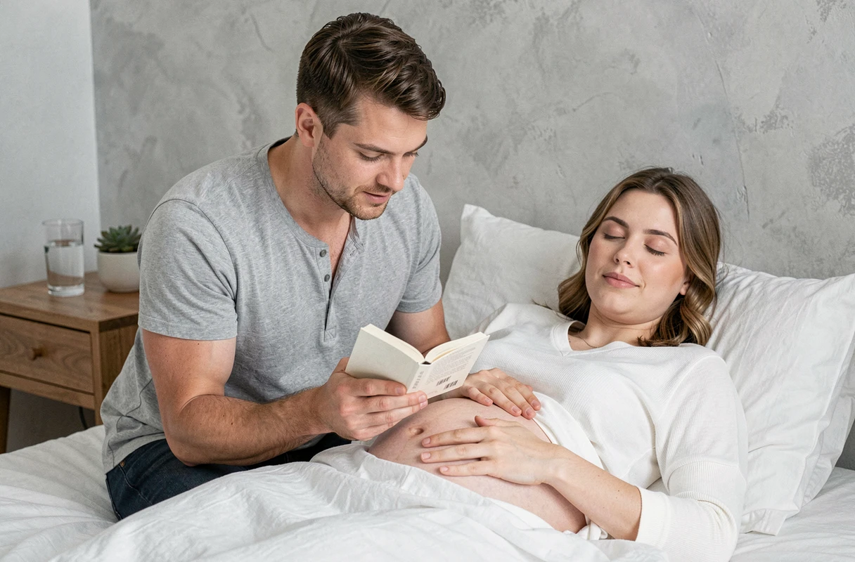 Futur père lisant à voix haute près du ventre de sa compagne enceinte allongée sur un lit
