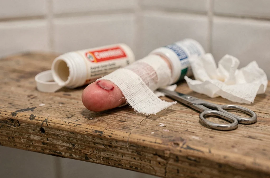 Gros plan sur un doigt mal pansé avec des fournitures de premiers soins pour ongle arraché posées sur une étagère de salle de bain