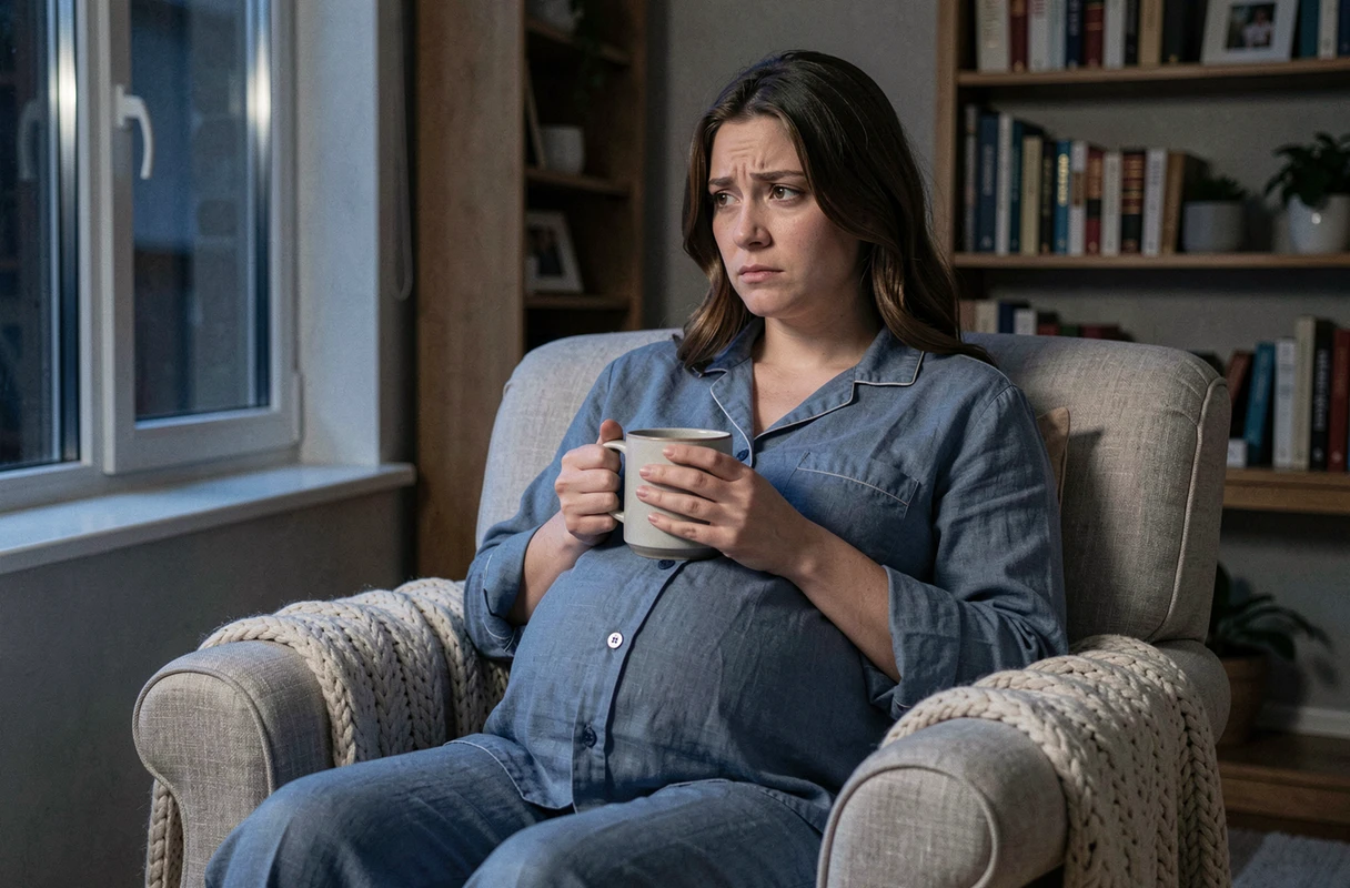 Femme enceinte insomniaque assise dans un fauteuil la nuit avec une tisane, gestion du sommeil en fin de grossesse