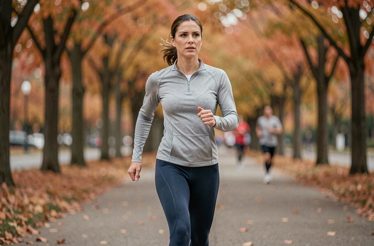 Femme en tenue de sport marchant rapidement dans un parc en automne pour maigrir