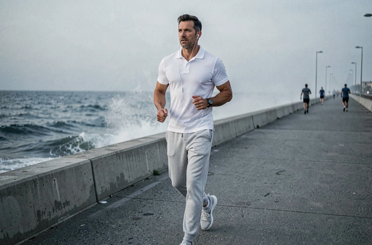 Homme pratiquant la marche rapide en bord de mer pour perdre du poids