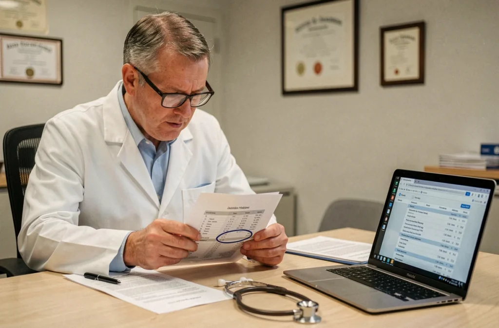 Médecin examinant des résultats d'analyse sanguine rénale avec valeurs DFG sur un bureau de consultation médicale