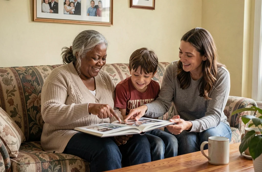 Grand-mère, mère et petite-fille réunies sur un canapé pour regarder un album photo familial, symbole du rôle du réseau familial dans la préservation de la mémoire des seniors