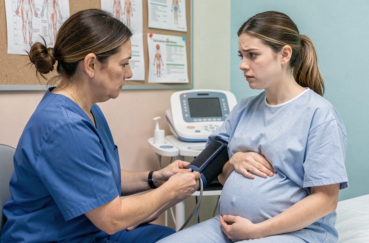 Infirmière mesurant la tension artérielle d'une femme enceinte lors d'un suivi prénatal pour détecter la prééclampsie