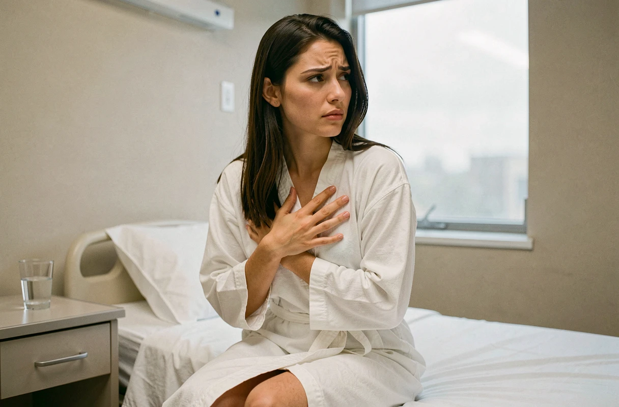 Jeune femme en robe d'hôpital assise sur un lit de maternité, les mains posées sur la poitrine, exprimant une inquiétude douce liée à la montée de lait sans allaitement