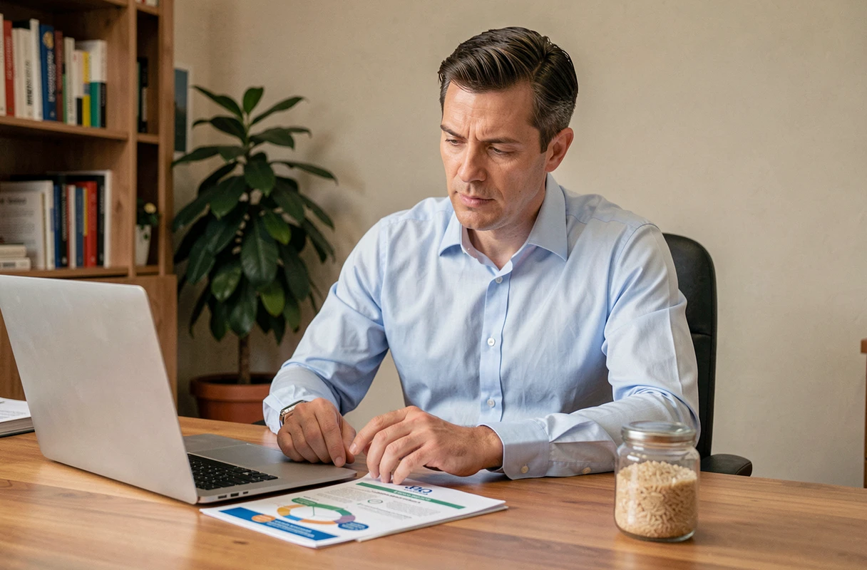 Nutritionniste consultant un guide alimentaire avec un bocal de riz complet sur son bureau dans un cadre professionnel