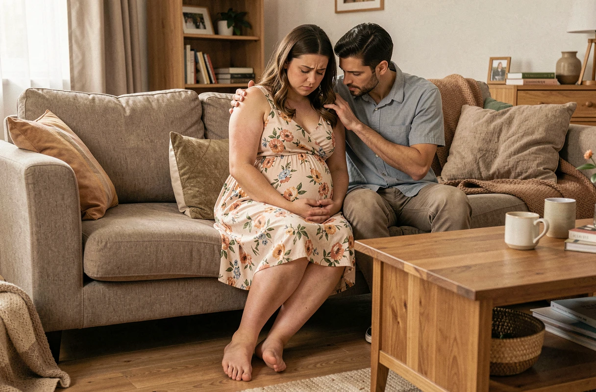 Femme enceinte et son partenaire examinant des chevilles enflées à la maison, symptôme courant de prééclampsie
