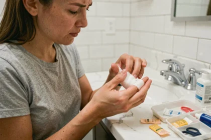 Femme qui enroule un pansement de gaze autour d'un doigt blessé avec ongle arraché dans une salle de bain