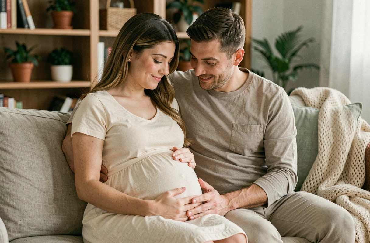 Couple attendant un bébé assis sur un canapé, le partenaire posant tendrement les mains sur le ventre de la femme enceinte