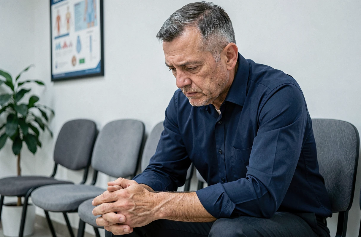 Patient masculin fatigué dans une salle d'attente médicale, symbolisant l'inquiétude liée aux D-dimères élevés