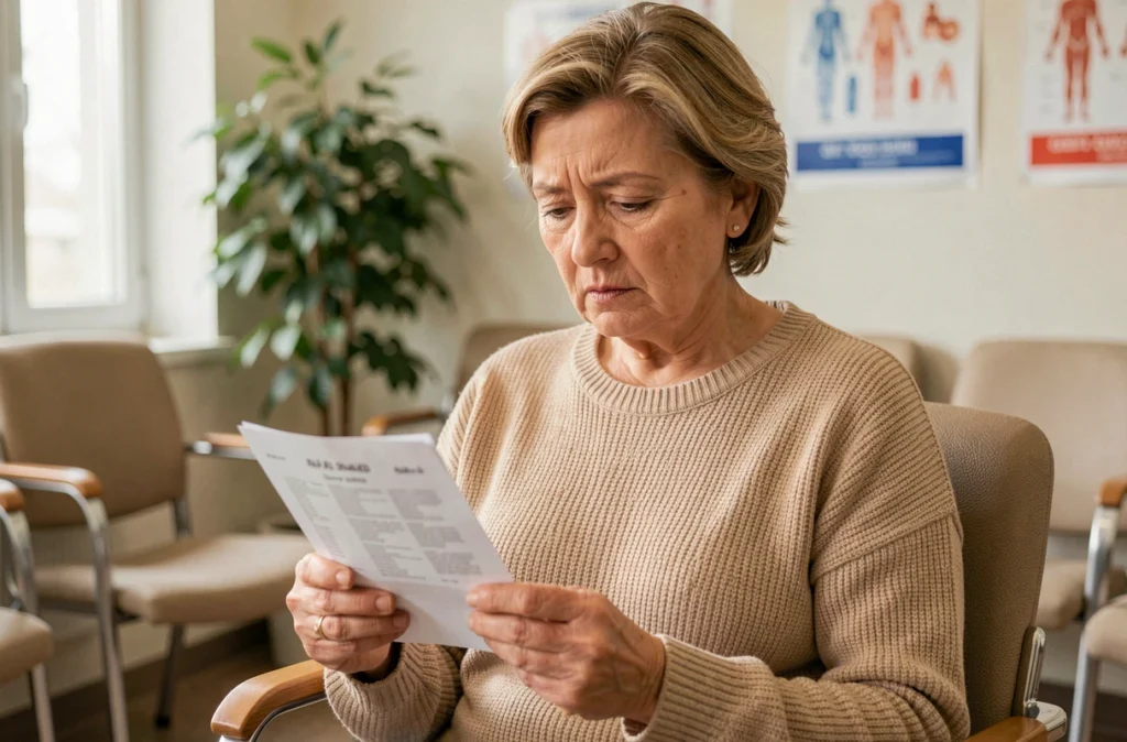 Femme mature lisant ses résultats d'analyse de sang rénal DFG dans une salle d'attente médicale avec une expression attentive