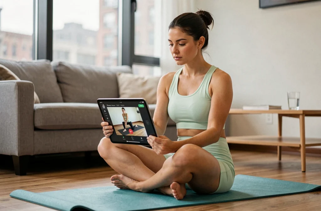 Jeune femme consultant un tutoriel Pilates sur tablette assise sur un tapis dans son appartement