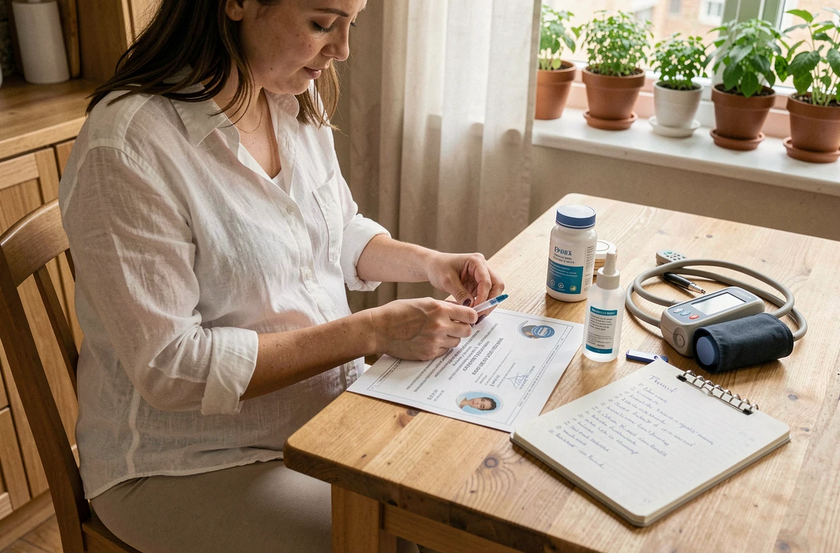 Femme enceinte préparant sa trousse de santé et ses documents médicaux pour un voyage en toute sécurité