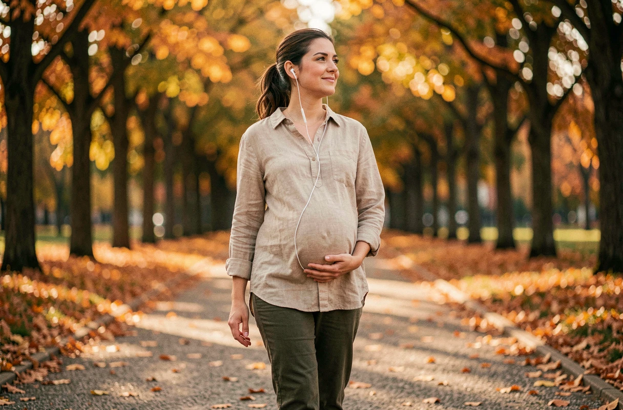 Femme enceinte se promenant dans un parc en automne sur un chemin de gravier entouré d'arbres aux feuilles dorées