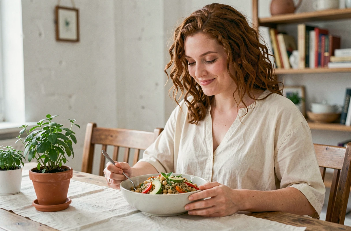 Femme enceinte savourant un repas végétarien équilibré avec quinoa, pois chiches et avocat