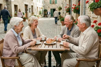 Groupe de personnes âgées réunies autour d'une table de café en plein air, partageant un moment de convivialité et de discussion animée dans une place de village française