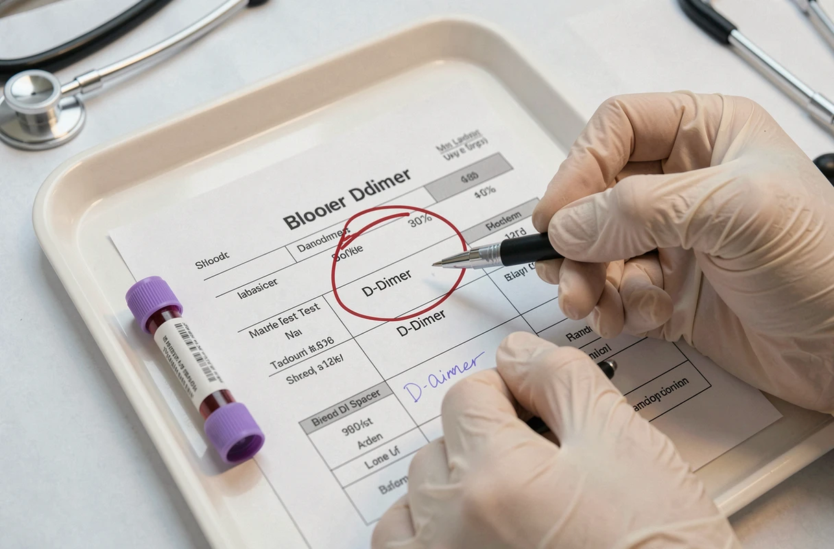 Formulaire de résultats d'analyse sanguine montrant les D-dimères avec les mains d'un médecin, vue de dessus