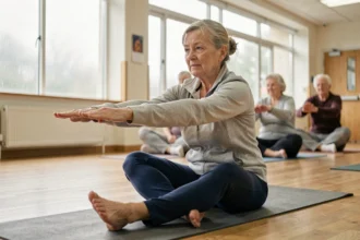 Une femme senior pratique des exercices d'étirement adaptés dans une salle de sport communautaire, illustrant les bienfaits de l'activité physique adaptée pour la mobilité des personnes âgées.