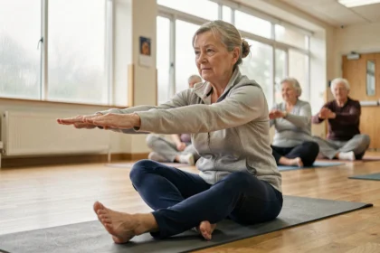 Une femme senior pratique des exercices d'étirement adaptés dans une salle de sport communautaire, illustrant les bienfaits de l'activité physique adaptée pour la mobilité des personnes âgées.