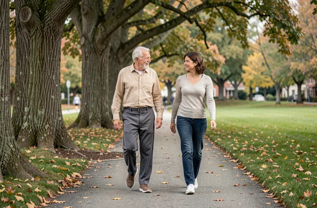 Un homme senior marche en parc accompagné d'un physiothérapeute dans le cadre d'un programme d'activité physique adaptée pour améliorer la mobilité et l'autonomie des personnes âgées.