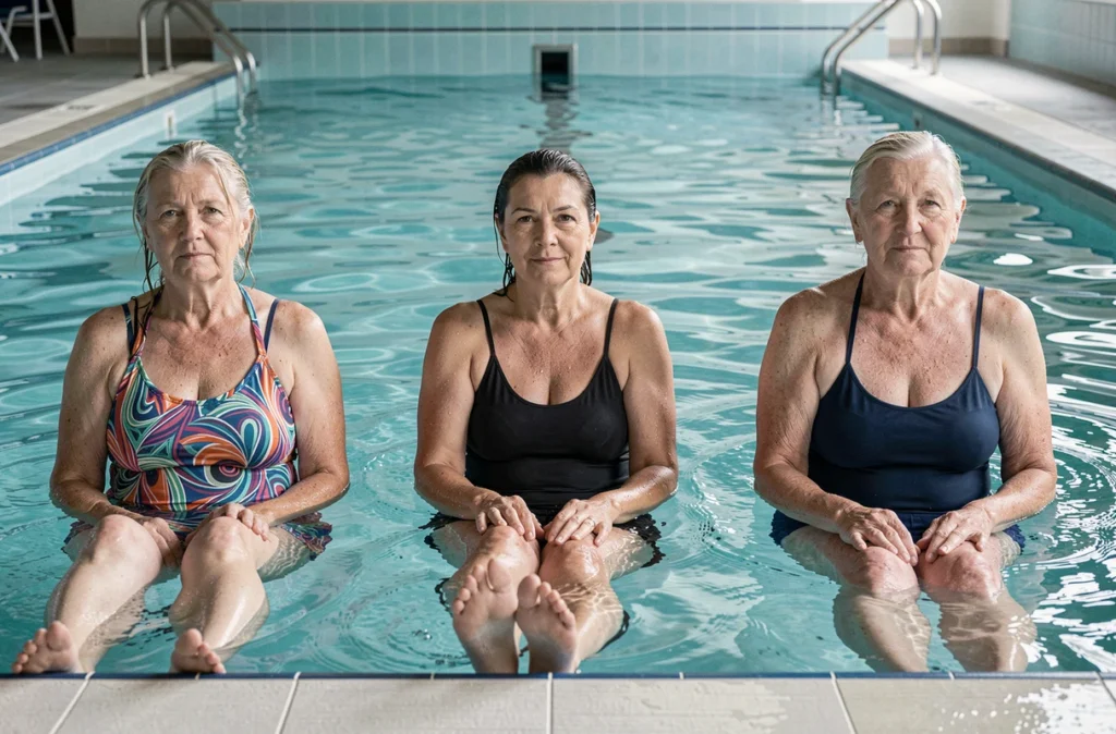 Un groupe de seniors participe à une séance de gymnastique aquatique adaptée en piscine intérieure, une activité physique douce favorisant la mobilité articulaire et le maintien de l'autonomie chez les personnes âgées.