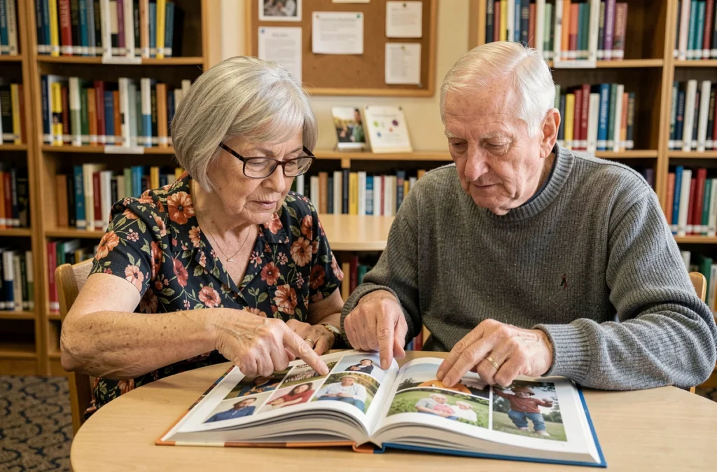 Deux personnes âgées partageant la lecture d'un livre illustré dans une bibliothèque communautaire, illustrant le maintien du lien social et de la mémoire après 65 ans