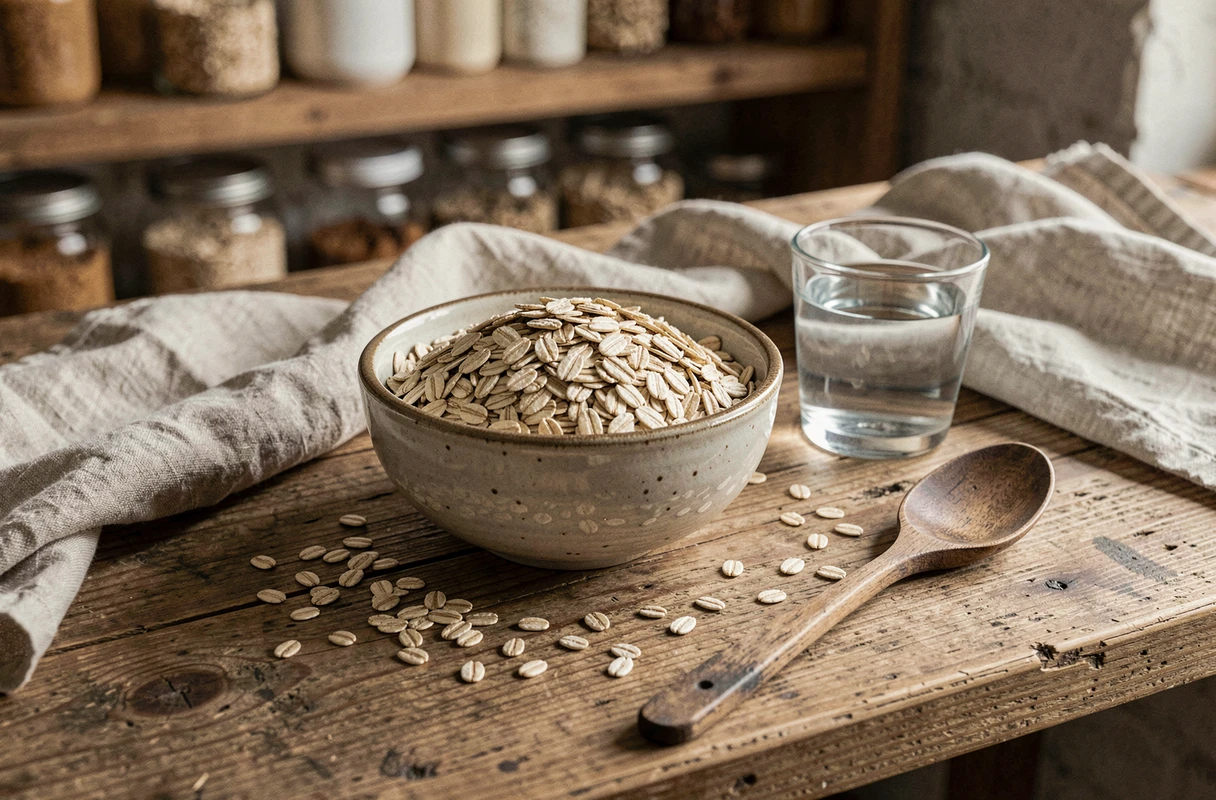 Bol de son d'avoine brut posé sur un comptoir en bois dans une cuisine rustique, illustrant l'impact du son d'avoine sur le transit intestinal